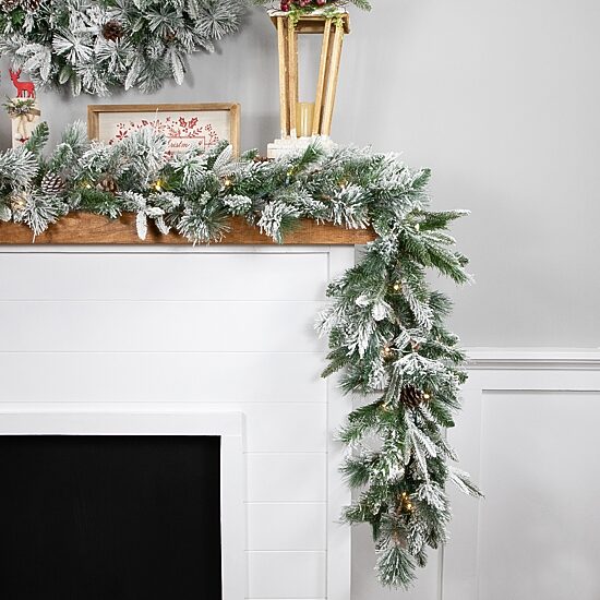9' x 14'' Pre-Lit Flocked Mixed Rosemary Emerald Pine Artificial Christmas Garland - Clear LED Lights