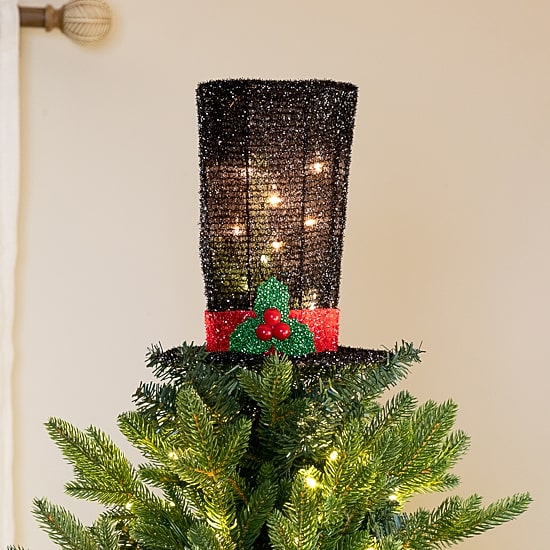 9.25'' Lighted Black Tinsel Top Hat Christmas Tree Topper  Clear Lights