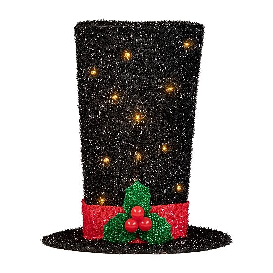 9.25'' Lighted Black Tinsel Top Hat Christmas Tree Topper  Clear Lights