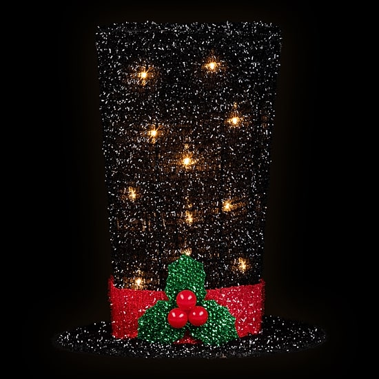 9.25'' Lighted Black Tinsel Top Hat Christmas Tree Topper  Clear Lights