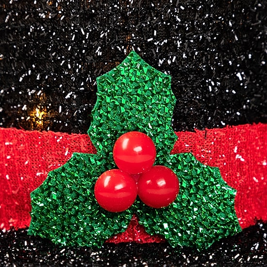 9.25'' Lighted Black Tinsel Top Hat Christmas Tree Topper  Clear Lights