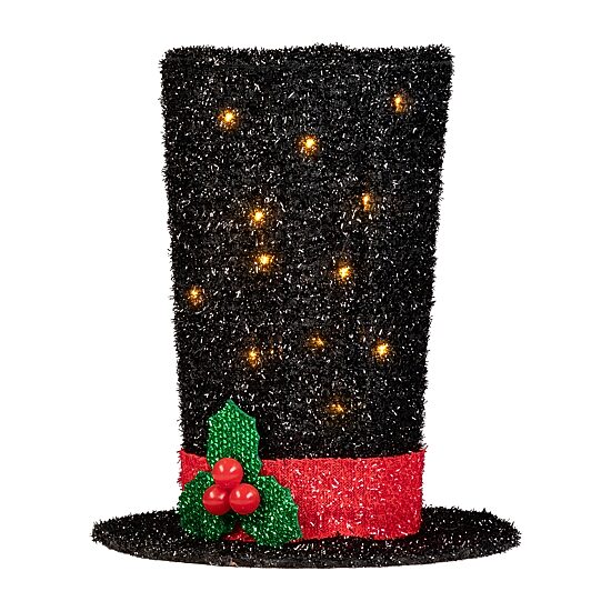 9.25'' Lighted Black Tinsel Top Hat Christmas Tree Topper  Clear Lights