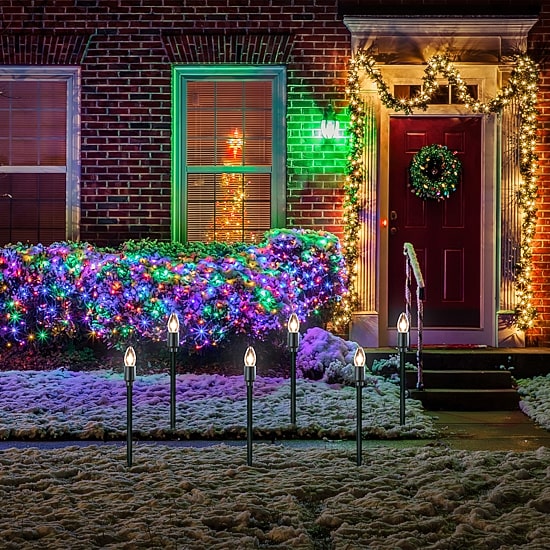 Set of 15 Clear Lighted C9 Shape Christmas Pathway Markers  Green Wire