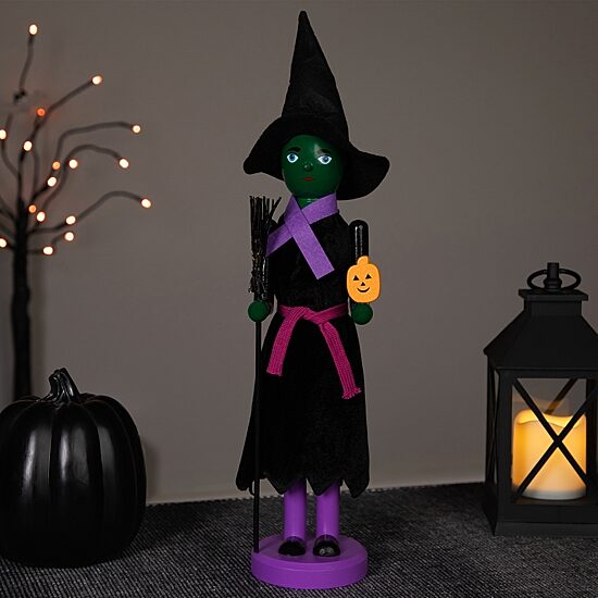 14'' Black and Green Witch Jack-O-Lantern Halloween Nutcracker with Broom