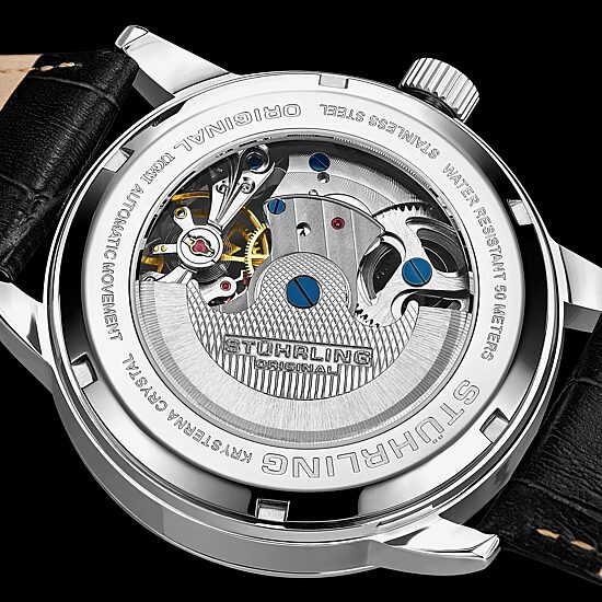 Stuhrling Mens Automatic Black Leather Strap Watch 3917 1