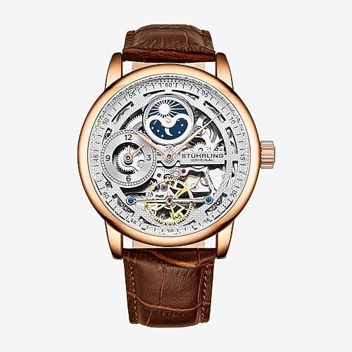 Stuhrling Mens Automatic Brown Leather Strap Watch 3917 3, One Size, Brown