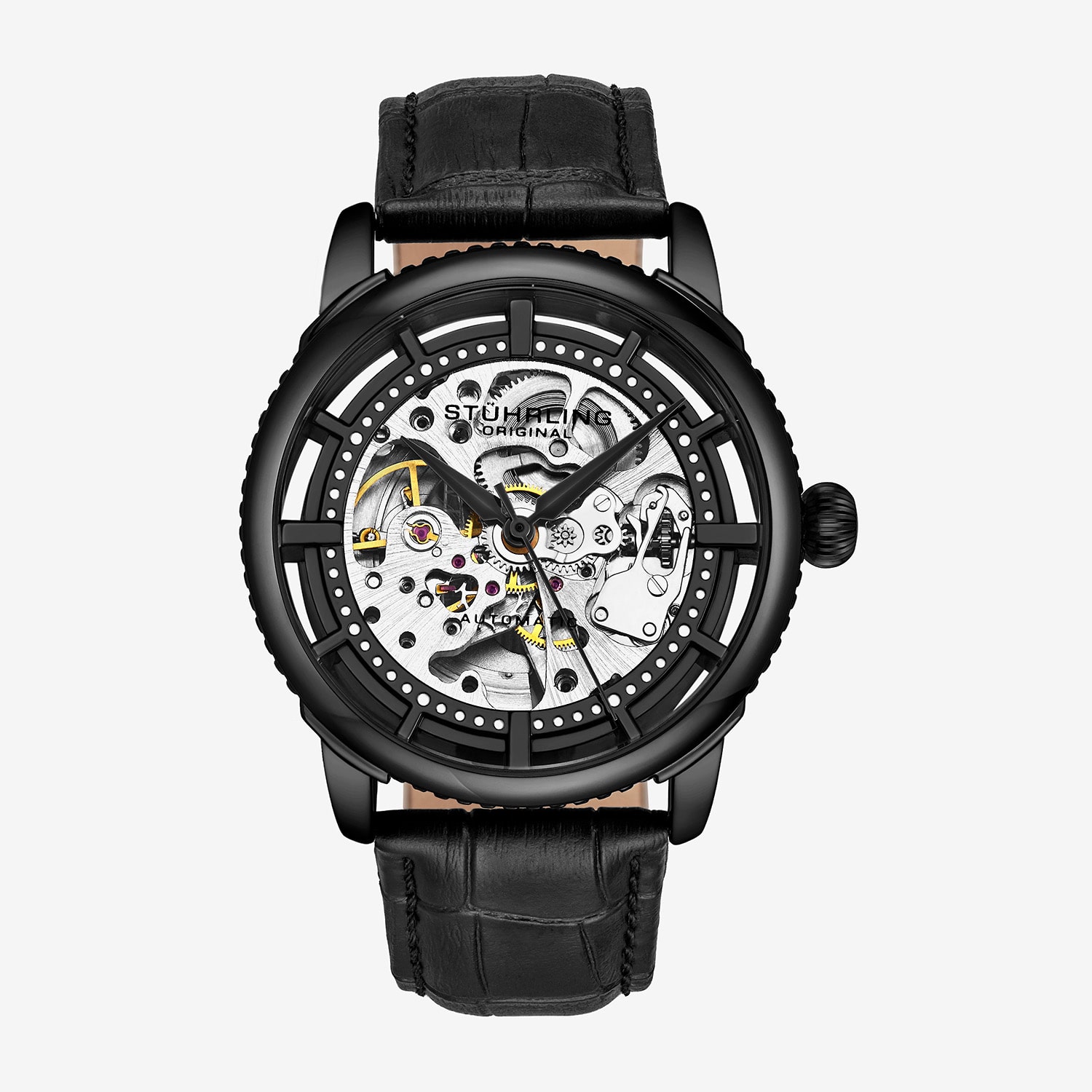 Stuhrling Mens Automatic Black Leather Strap Watch 3933 3