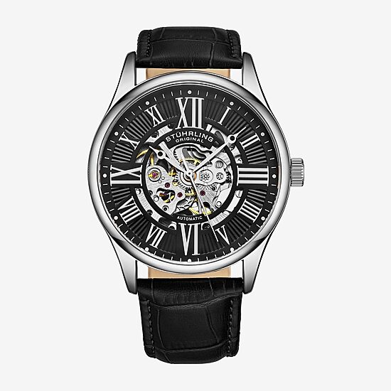 Stuhrling Mens Automatic Silver Tone Leather Strap Watch 3942 2