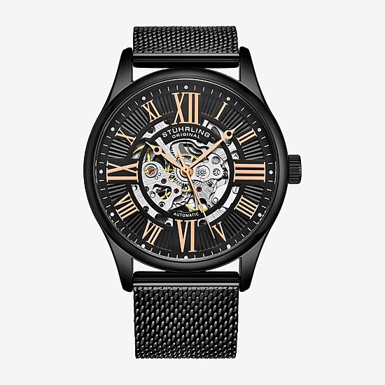 Stuhrling Mens Automatic Black Stainless Steel Strap Watch 3942m 3