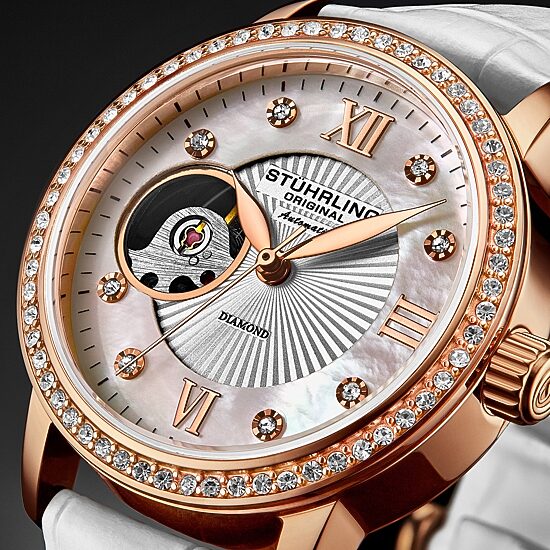 Stuhrling Womens Automatic White Leather Strap Watch 3952 2