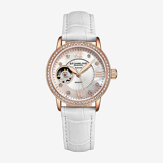 Stuhrling Womens Automatic White Leather Strap Watch 3952 2