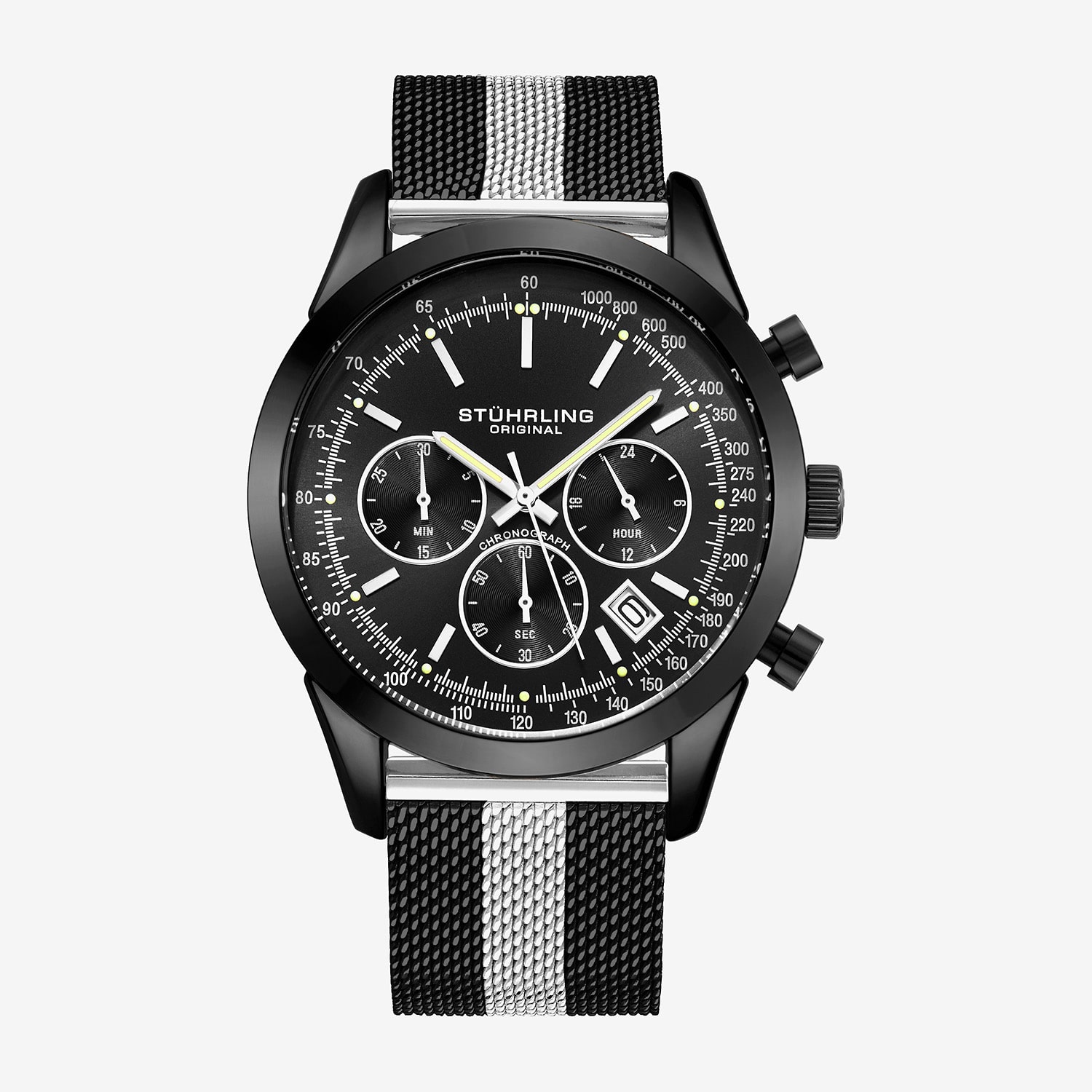 Stuhrling Mens Chronograph Black Stainless Steel Strap Watch 3975