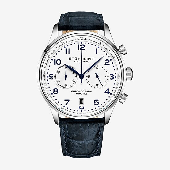 Stuhrling Mens Chronograph Blue Leather Strap Watch 4012 1
