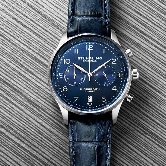Stuhrling Mens Chronograph Blue Leather Strap Watch 4012 3