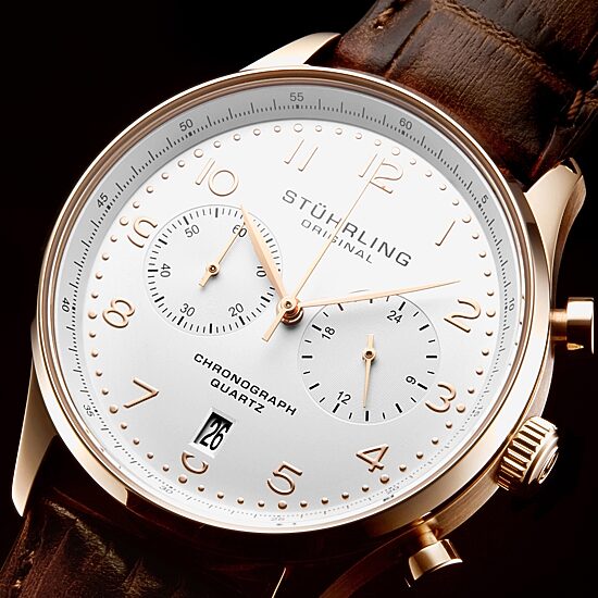 Stuhrling Mens Chronograph Brown Leather Strap Watch 4012 4