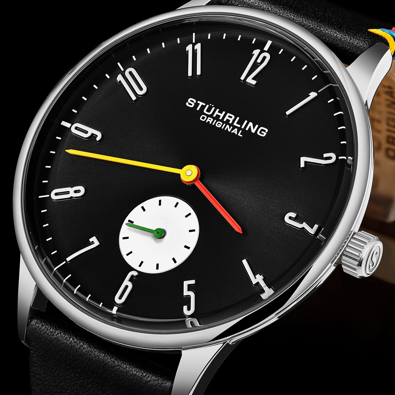 Stuhrling Mens Black Leather Strap Watch 4026