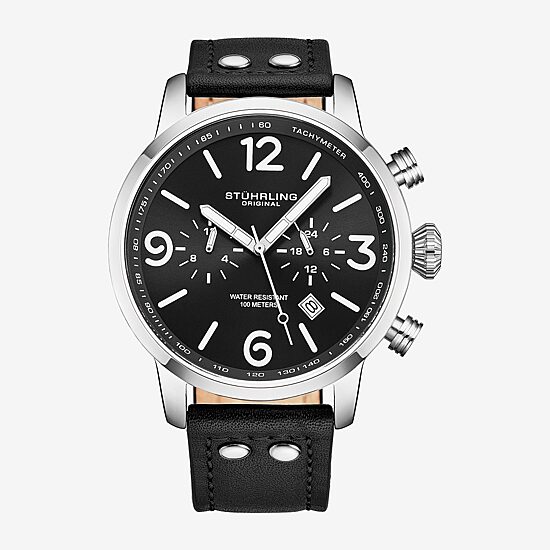 Stuhrling Mens Black Leather Strap Watch 3956 1