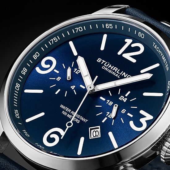 Stuhrling Mens Blue Leather Strap Watch 3956 2