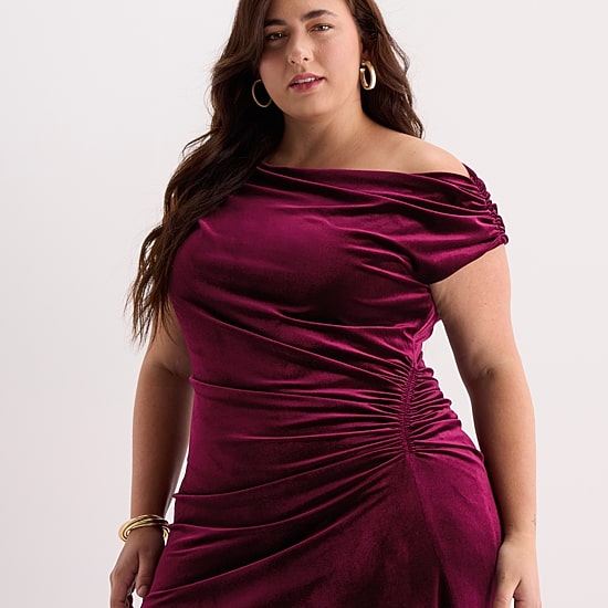 Premier Amour Womens Plus One Shoulder Short Sleeve Velvet Fit + Flare Dress