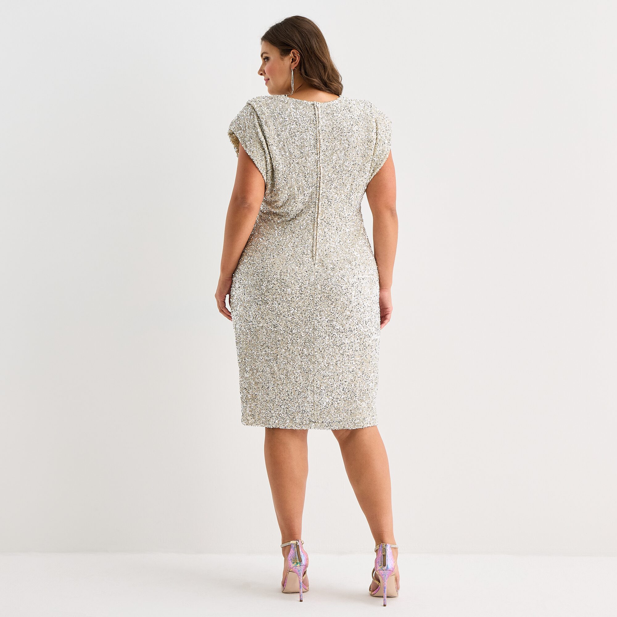 Premier Amour Womens Plus Midi Round Neck Short Sleeve Sequin Sheath Dress