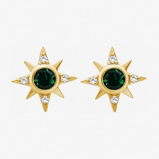 Simulated Green Emerald 14K Gold Over Silver 11.4mm Star Stud Earrings