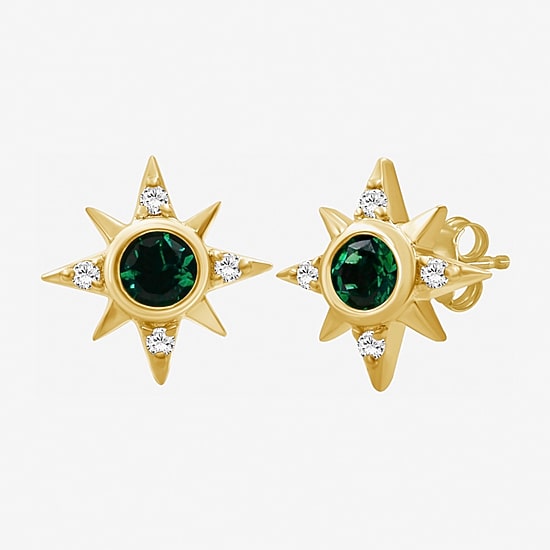 Simulated Green Emerald 14K Gold Over Silver 11.4mm Star Stud Earrings