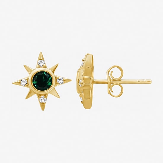Simulated Green Emerald 14K Gold Over Silver 11.4mm Star Stud Earrings