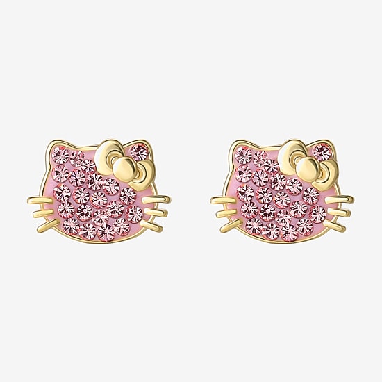 Genuine Pink Crystal 14K Gold Over Silver 10.9mm Hello Kitty Stud Earrings