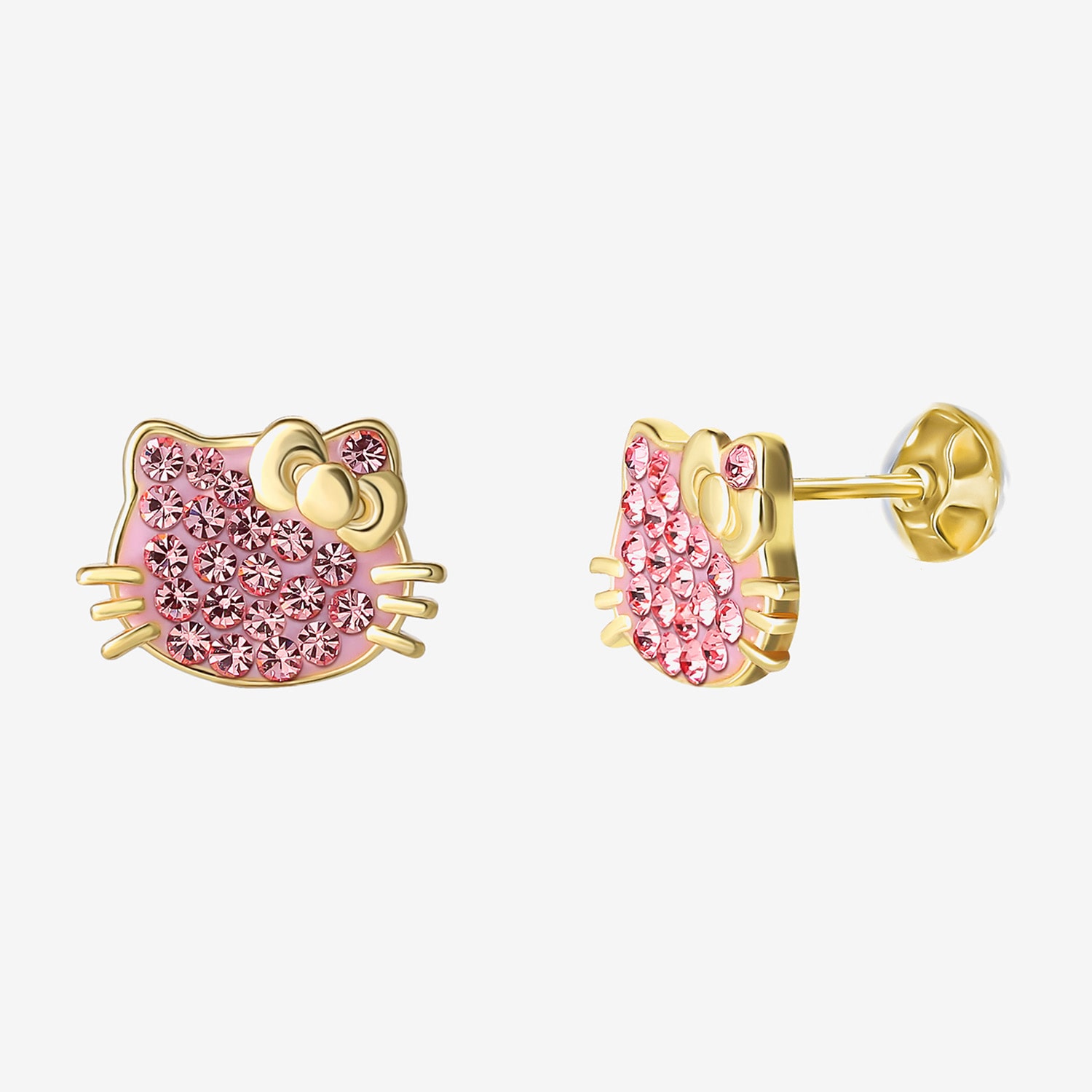 Genuine Pink Crystal 14K Gold Over Silver 10.9mm Hello Kitty Stud Earrings