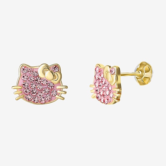 Genuine Pink Crystal 14K Gold Over Silver 10.9mm Hello Kitty Stud Earrings