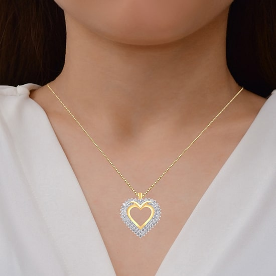 (I, I2) Womens 1 CT. T.W. Lab Grown White Diamond 14K Gold Over Silver Heart 18 Inch Pendant Necklace