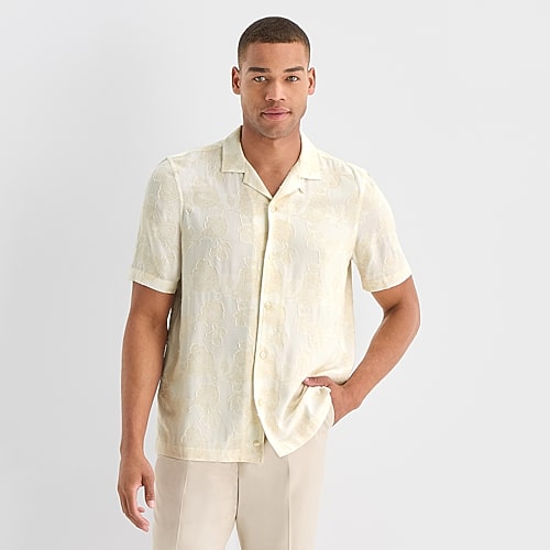 J. Ferrar Tonal Floral Mens Short Sleeve Camp Shirt, X-large, White