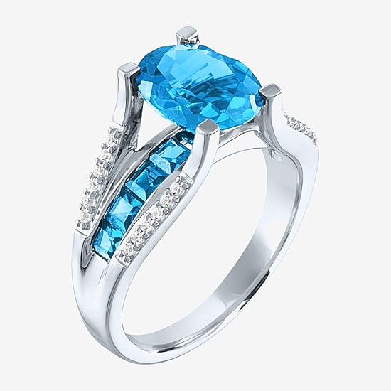 Womens Genuine Blue Topaz Sterling Silver Halo Cocktail Ring