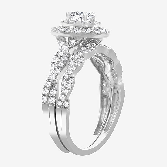 Signature By Modern Bride Womens 1 CT.T.W. Natural Diamond 10K or 14K Gold Oval Side Stone Halo Bridal Set