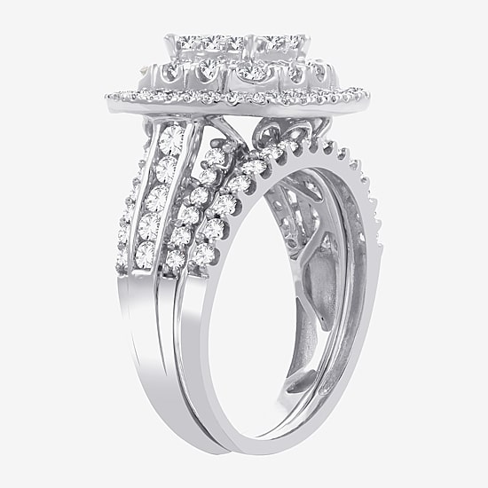 Womens 2 CT.T.W. Natural Diamond 10K or 14K White Gold Cushion Halo Bridal Set