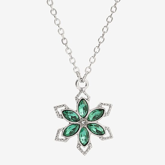 1928 Silver Tone & Green Womens Green Crystal Alloy Flower 16 Inch Pendant Necklace