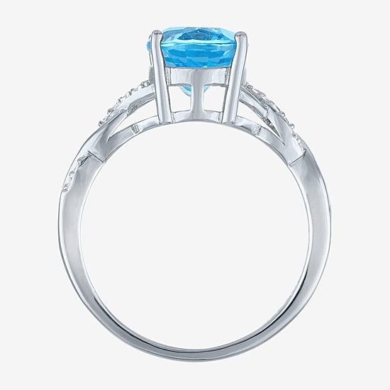 Womens Genuine Blue Topaz Sterling Silver Oval Side Stone Cocktail Ring
