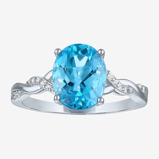 Womens Genuine Blue Topaz Sterling Silver Oval Side Stone Cocktail Ring