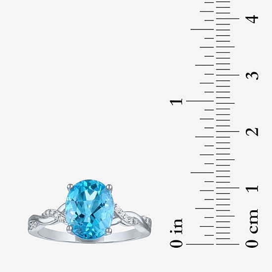 Womens Genuine Blue Topaz Sterling Silver Oval Side Stone Cocktail Ring