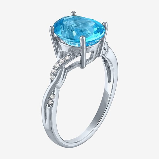 Womens Genuine Blue Topaz Sterling Silver Oval Side Stone Cocktail Ring