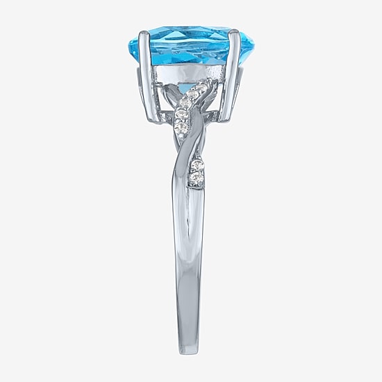 Womens Genuine Blue Topaz Sterling Silver Oval Side Stone Cocktail Ring