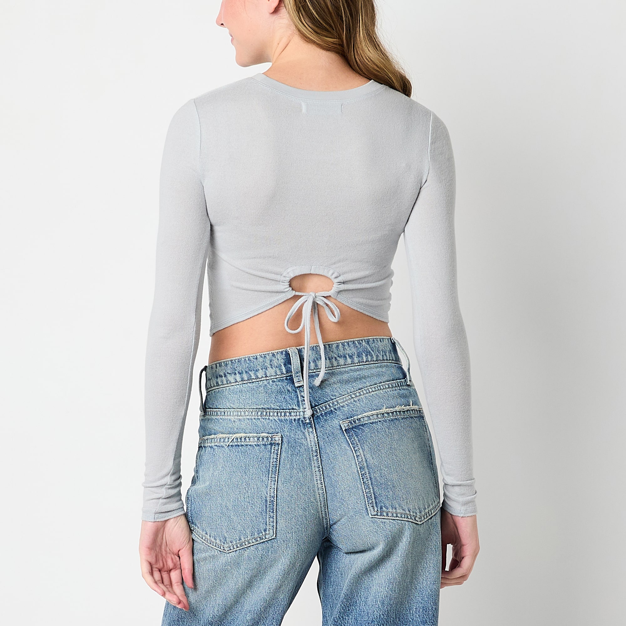 Arizona Cozy Tie Back Womens Juniors Crew Neck Long Sleeve T-Shirt