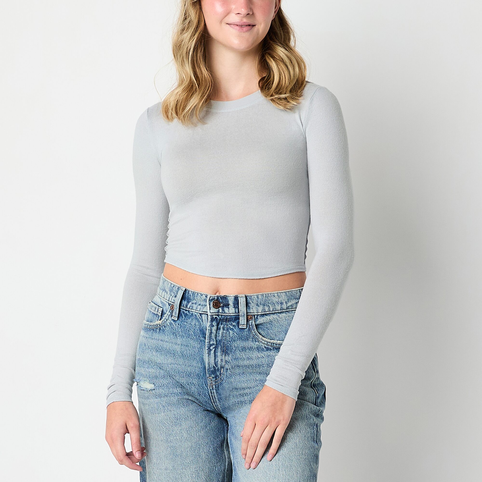 Arizona Cozy Tie Back Womens Juniors Crew Neck Long Sleeve T-Shirt