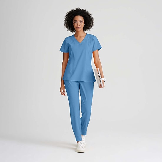 Barco One 5105 Racer 4-Pocket Womens V Neck Short Sleeve Tag Free Stretch Fabric Moisture Wicking Scrub Top