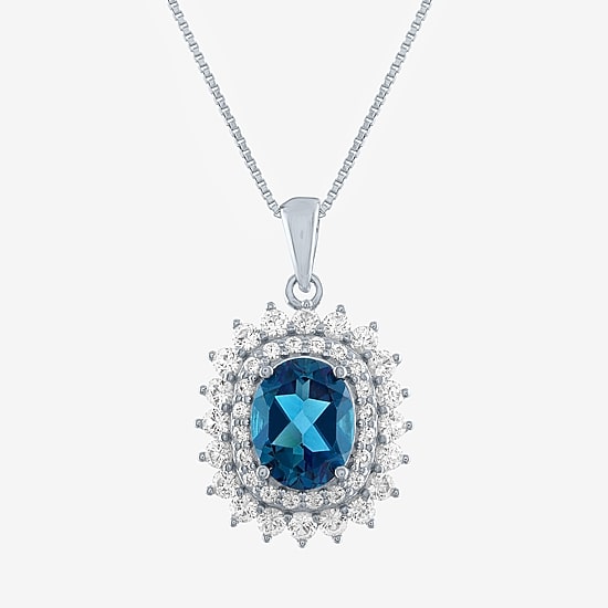 Womens Gemstone Sterling Silver Oval Halo Pendant Necklace