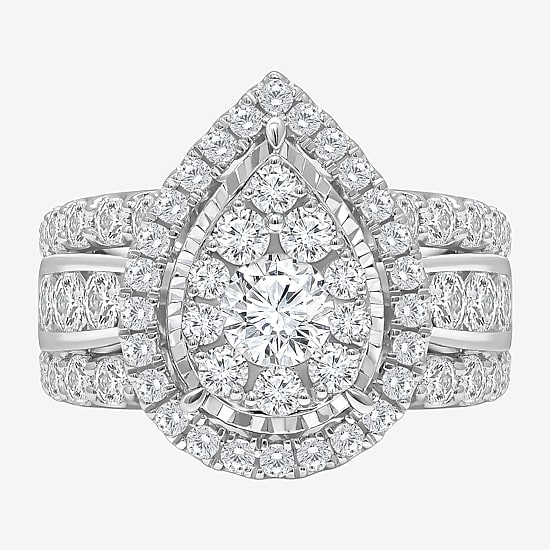 (I / I1) Womens 3 CT. T.W. Lab Grown White Diamond 10K or 14K White Gold Pear Halo Engagement Ring