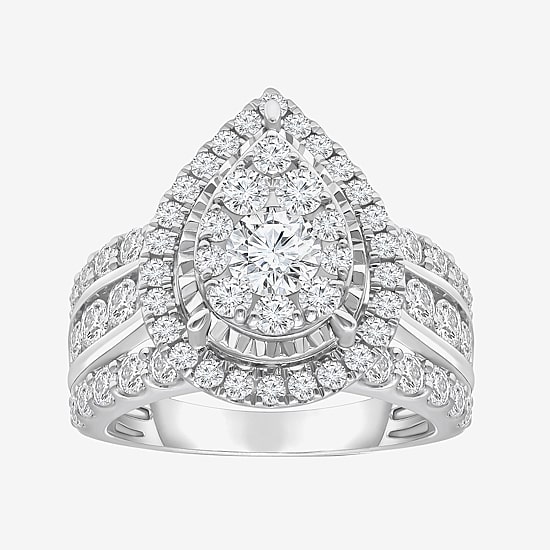 (I / I1) Womens 3 CT. T.W. Lab Grown White Diamond 10K or 14K White Gold Pear Halo Engagement Ring