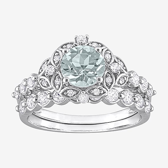 Womens Diamond Accent Genuine Blue Aquamarine 10K Gold Round Side Stone Bridal Set