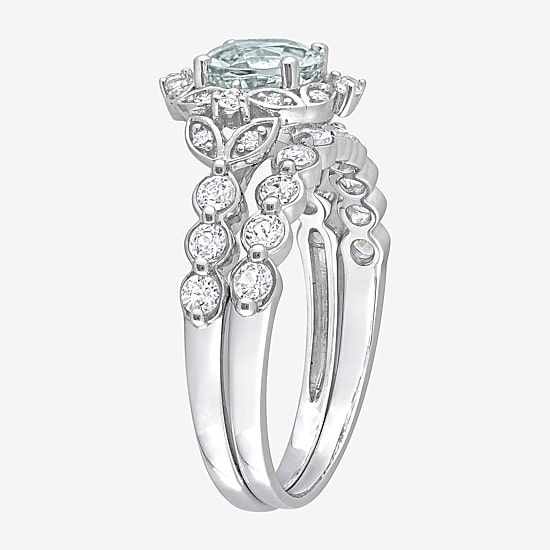Womens Diamond Accent Genuine Blue Aquamarine 10K Gold Round Side Stone Bridal Set