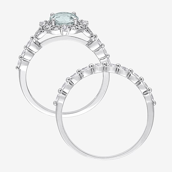 Womens Diamond Accent Genuine Blue Aquamarine 10K Gold Round Side Stone Bridal Set